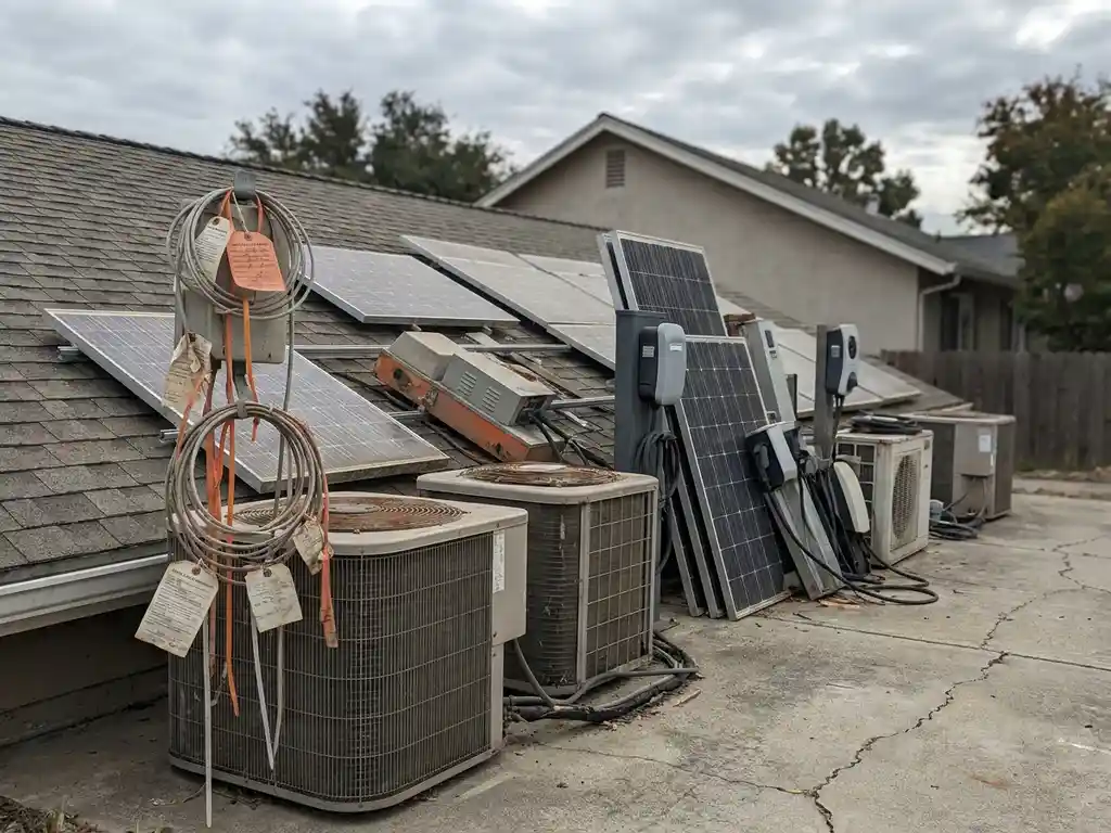 Cluttered residential rooftop and driveway with mismatched solar panels, heat pump units, and EV chargers in disorganized installation chaos.