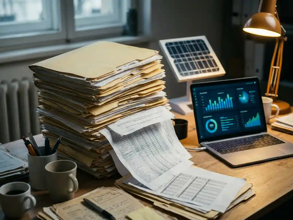 Towering stack of overstuffed manila folders and printed spreadsheets collapsing on a cluttered desk beside an untouched laptop showing clean dashboard graphs.