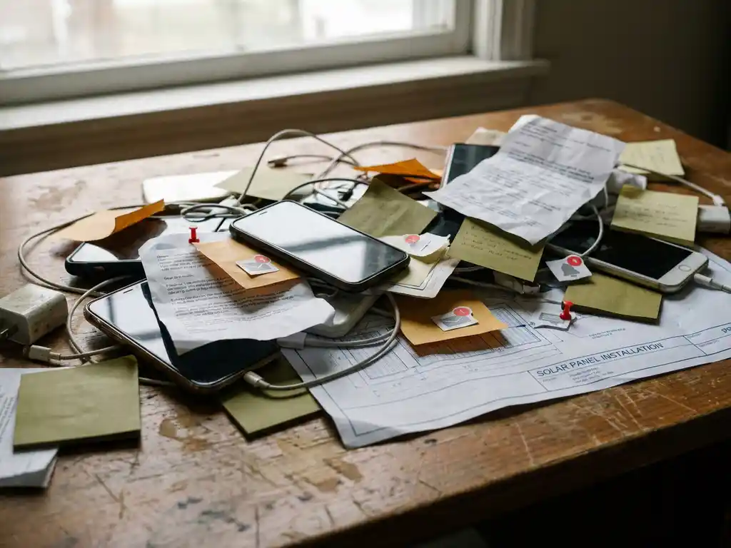 Cluttered wooden desk overflowing with smartphones, printed emails, and sticky notes concealing a solar panel installation blueprint beneath the chaos.