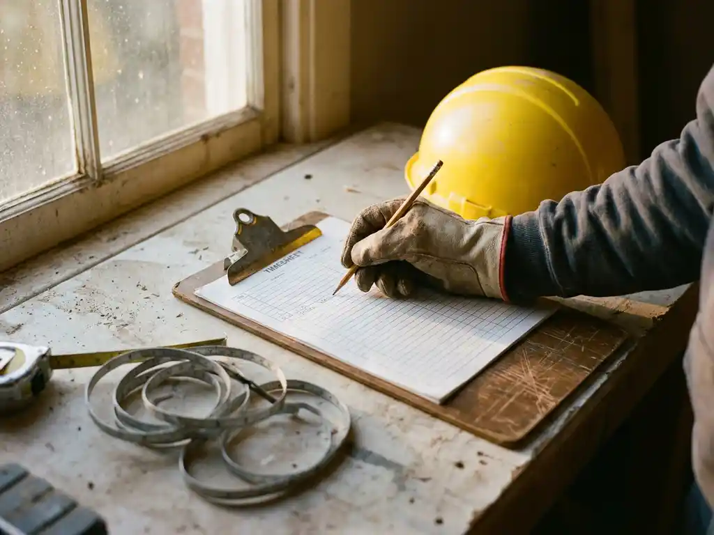 Contractor's weathered hand filling out paper timesheet on clipboard at dusty job site workbench with yellow hard hat nearby.