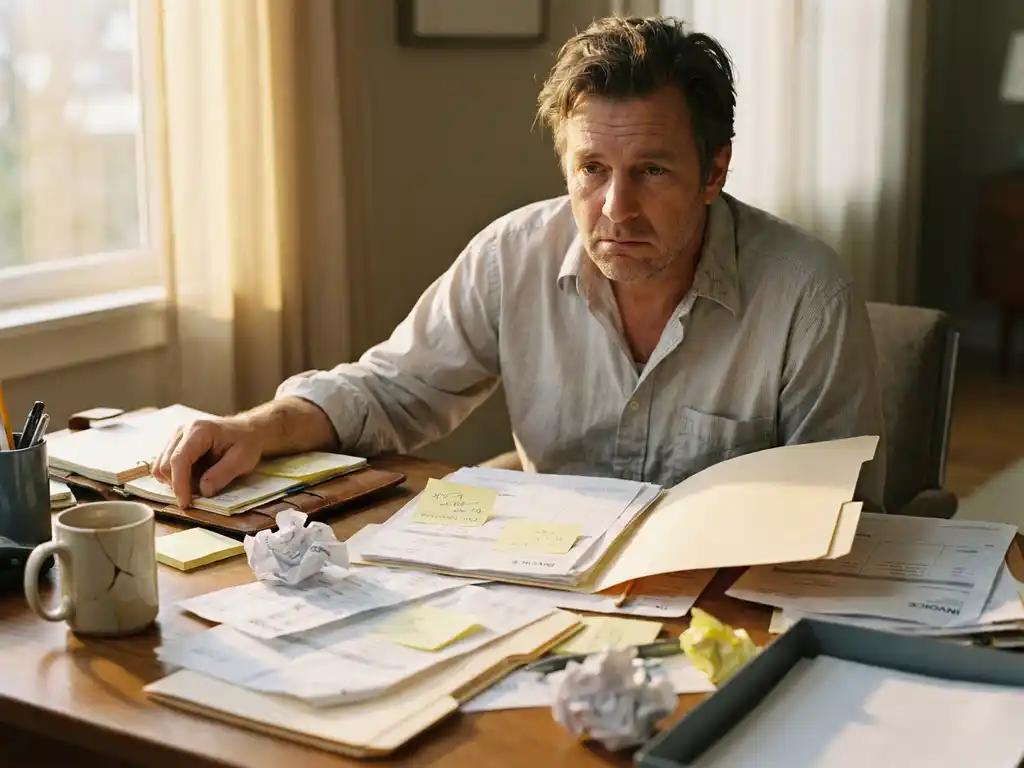 Service business owner at cluttered desk overwhelmed by scattered paper invoices, sticky notes, and disorganized folders in warm afternoon light.