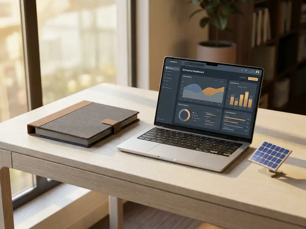 Laptop displaying an enterprise dashboard beside a project binder and small solar panel model on a sunlit white desk.