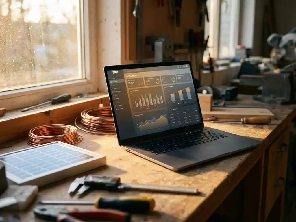 Laptop showing ERP dashboard on a solar installer's workbench beside a solar panel model, digital caliper, and coiled wiring in warm golden-hour light.