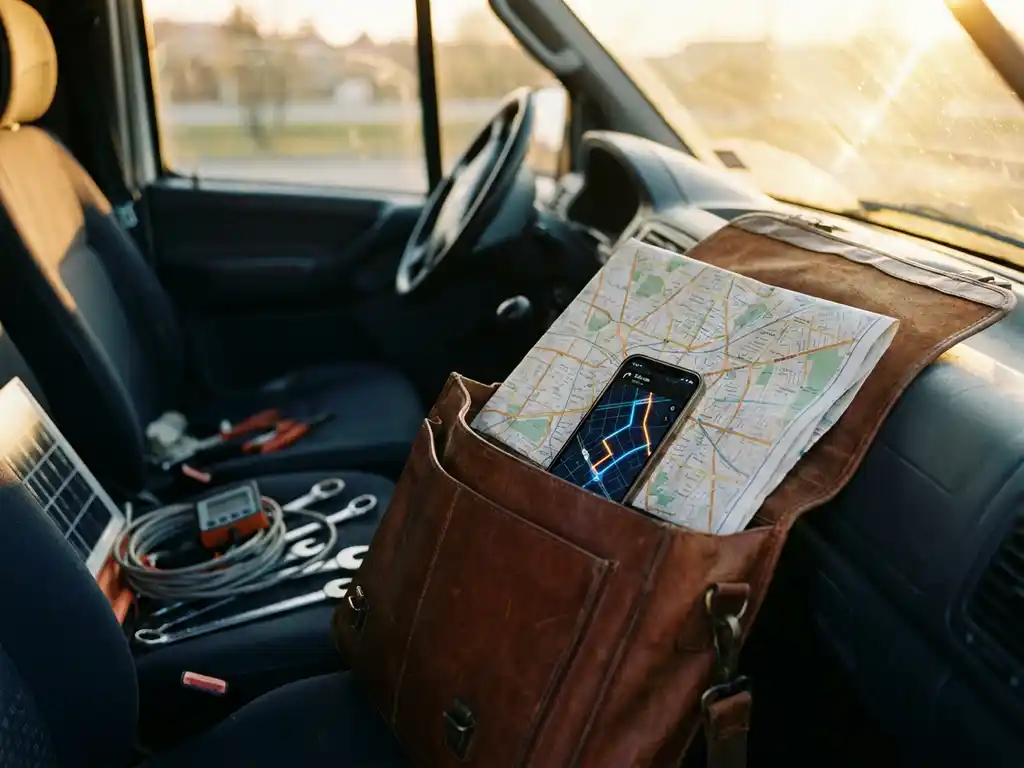 Worn leather satchel on a van dashboard holding a printed city map and smartphone displaying a glowing urban route, solar installation tools in the back seat.