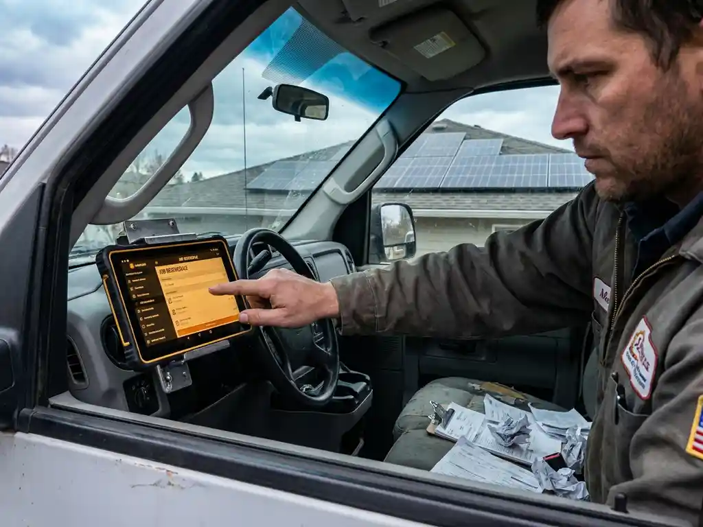 Field technician rescheduling jobs on a rugged tablet in a van, solar panel installation visible through windshield, work orders on passenger seat.