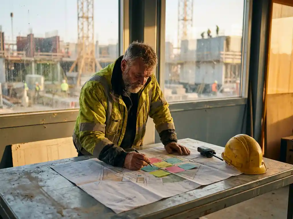 Weathered general contractor reviewing a color-coded site map on a steel job site table, hard hat and radio nearby, afternoon light casting soft shadows.