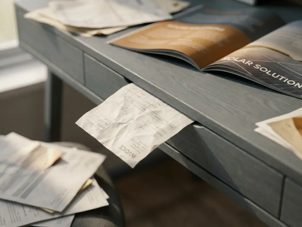 Crumpled invoice slipping through a gap in a modern desk, with scattered paperwork and a solar panel brochure nearby.