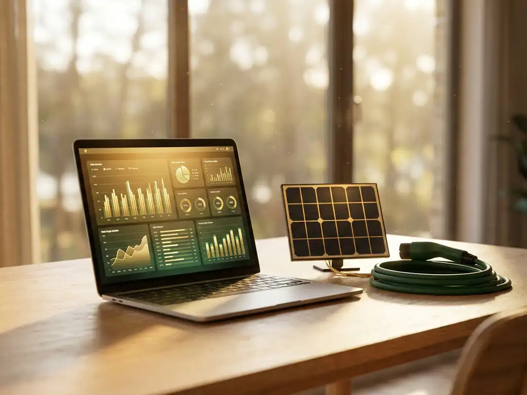 Laptop displaying energy metrics dashboard on a sunlit desk beside a solar panel model and coiled EV charging cable.