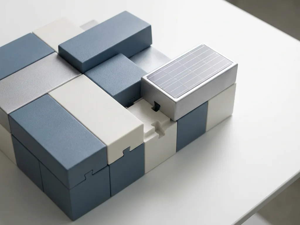 Modular building blocks interlocked into a unified structure on a white desk, one piece pulled apart to reveal precise fit, in slate blue and white tones.