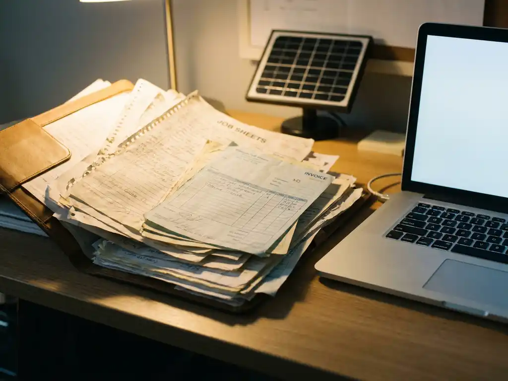 Cluttered desk with handwritten job sheets and carbon-copy invoices stacked beside a glowing laptop, small solar panel model in background.