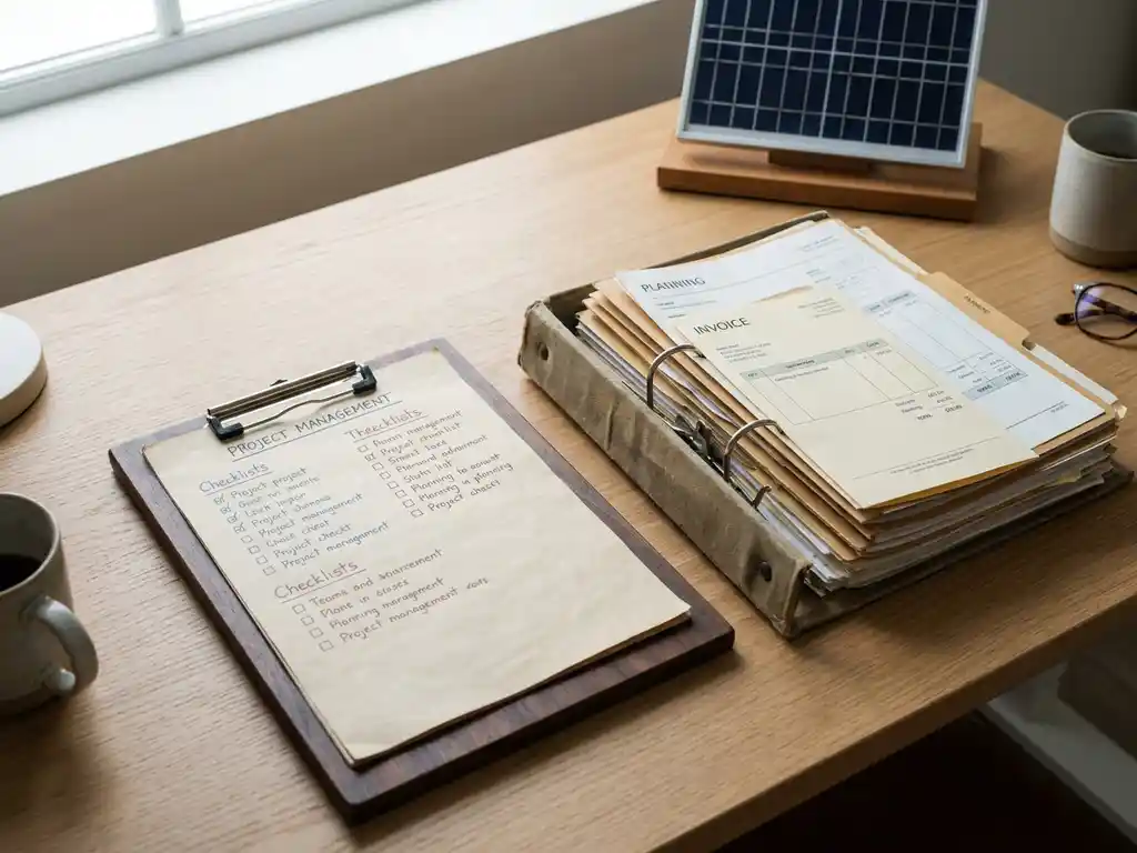 Clipboard with task lists beside an operational binder filled with invoices and planning documents, small solar panel model on a modern desk.
