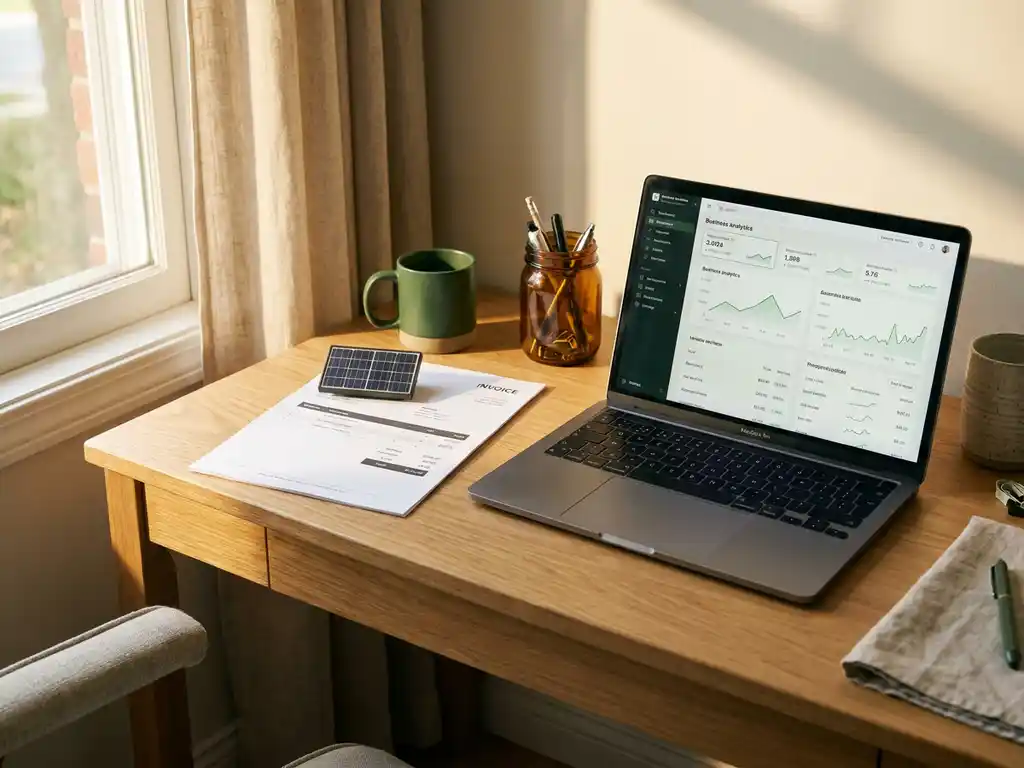 Small business desk with printed invoice, laptop displaying dashboard, and solar panel model in warm morning light.