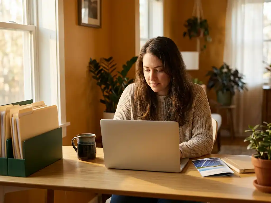 Small business owner reviewing a laptop at a wooden desk with organized folders, coffee mug, and solar panel brochure in warm morning light.