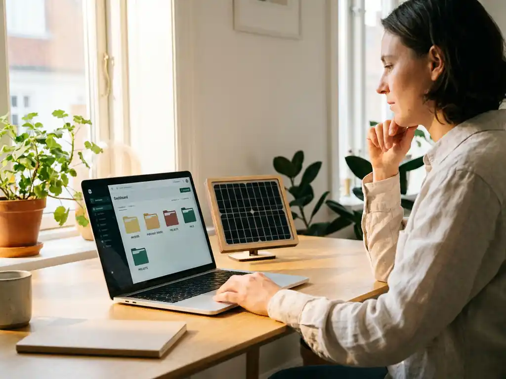 Small business owner managing solar project invoices and folders on a laptop at a sunlit modern desk with a miniature solar panel model nearby.