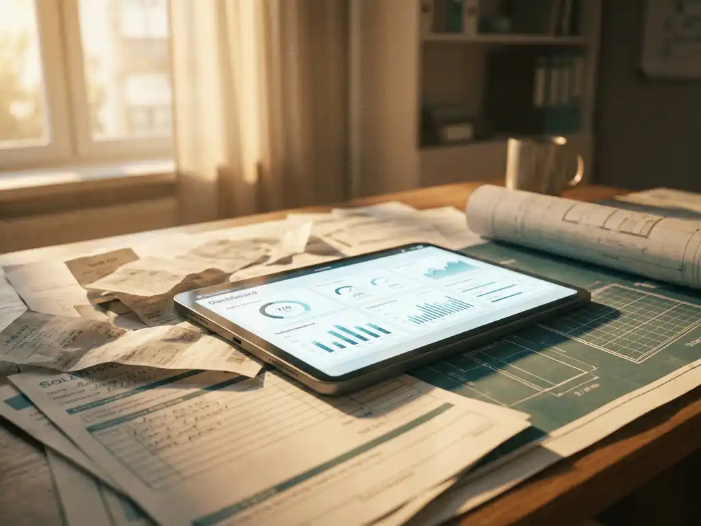 Tablet displaying a digital dashboard resting on paper invoices and a solar panel installation blueprint in a sunlit office.