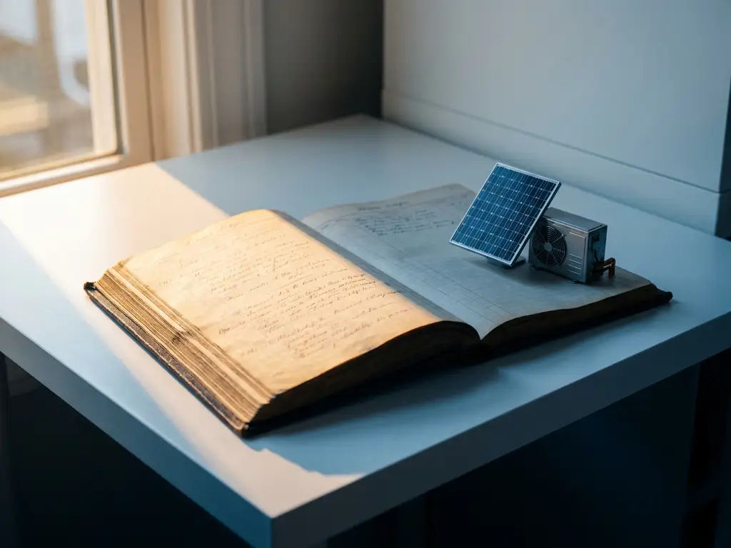 Worn leather project ledger open on a modern desk beside a solar panel model and heat pump component, warm golden light on one page, cool shadow on the other.