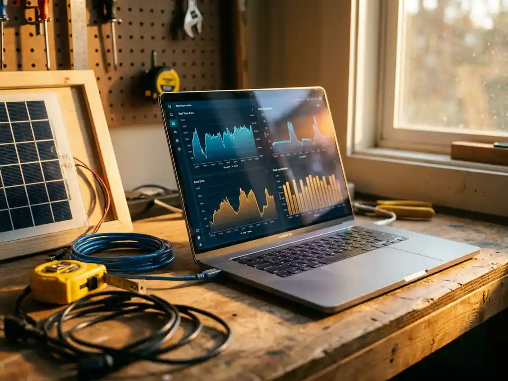Laptop displaying business dashboard graphs on a workshop desk beside a solar panel model, coiled cables, and measuring tape in golden-hour light.