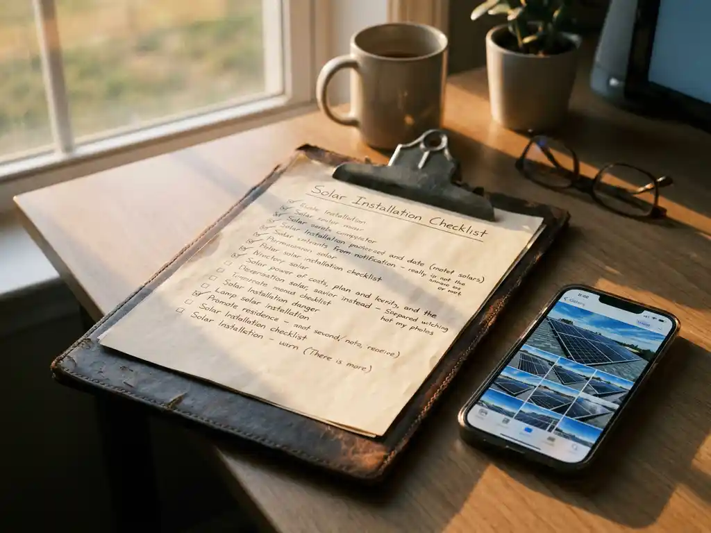 Worn leather clipboard with completed solar installation checklist on a sunlit desk beside a smartphone showing rooftop solar panel photos.