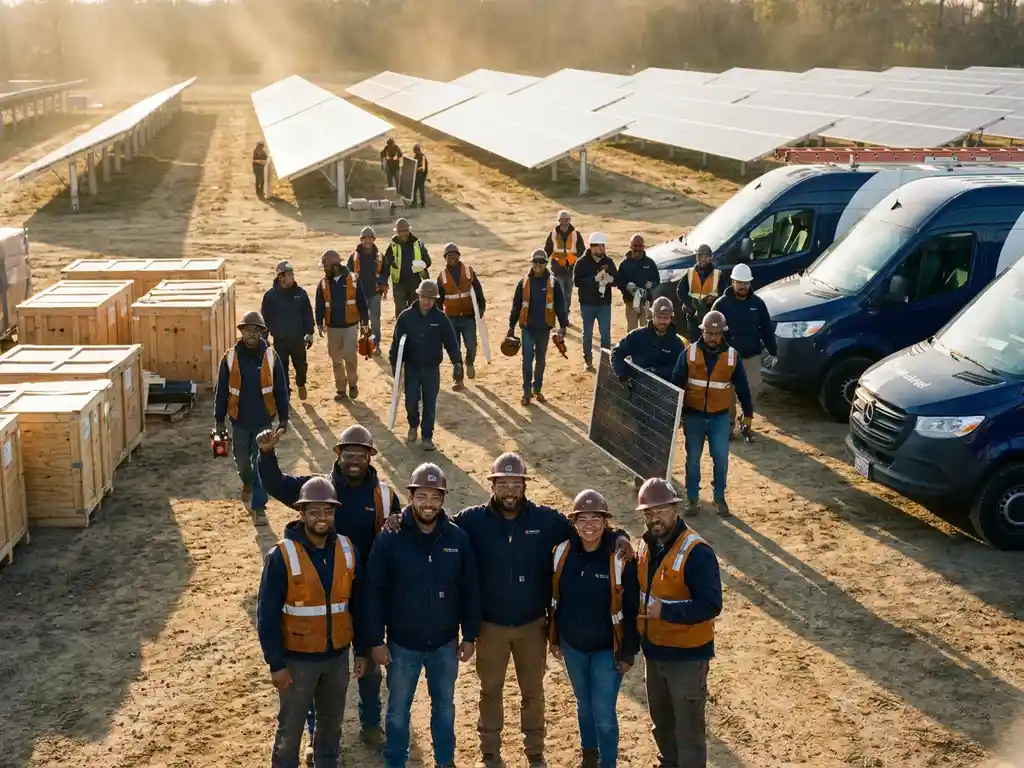 Solar installation crew scaling from small team to large organized workforce at golden-hour job site with branded vans and panel arrays.