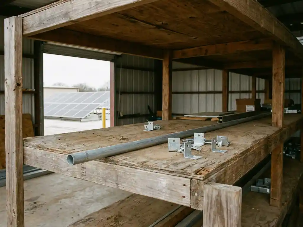 Nearly empty wooden shelf on a solar installation job site with a lone conduit and mounting brackets, partially installed solar panels visible in background.