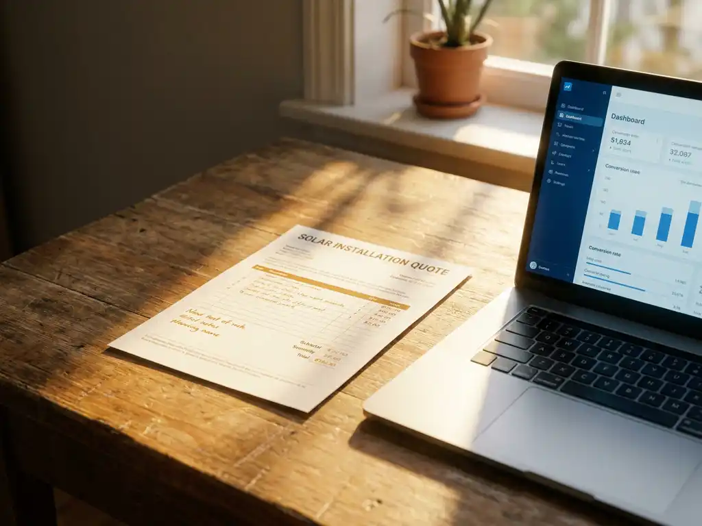 Solar installation quote document on a wooden desk beside a laptop showing conversion metrics dashboard, warm afternoon sunlight casting shadows.