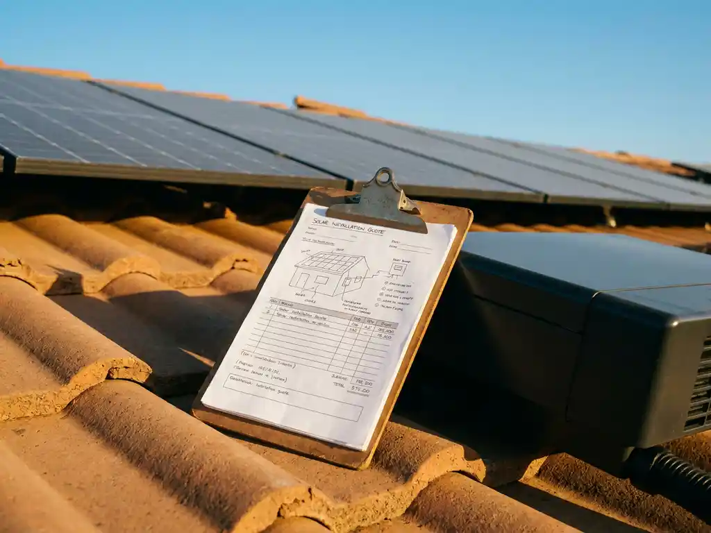 Solar installation quote on clipboard beside heat pump unit on rooftop, photovoltaic panels and blue sky in background.