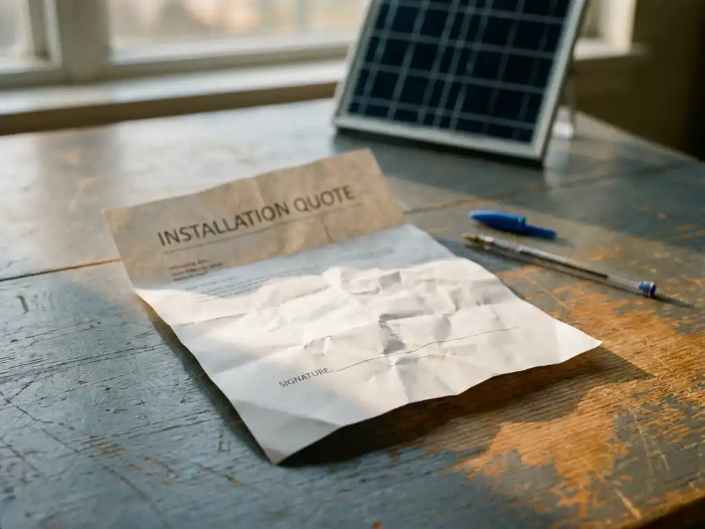 Presupuesto de instalación de paneles solares arrugado y sin firmar sobre un escritorio de madera desgastada junto a un bolígrafo seco, con la luz del atardecer iluminando la línea de la firma.