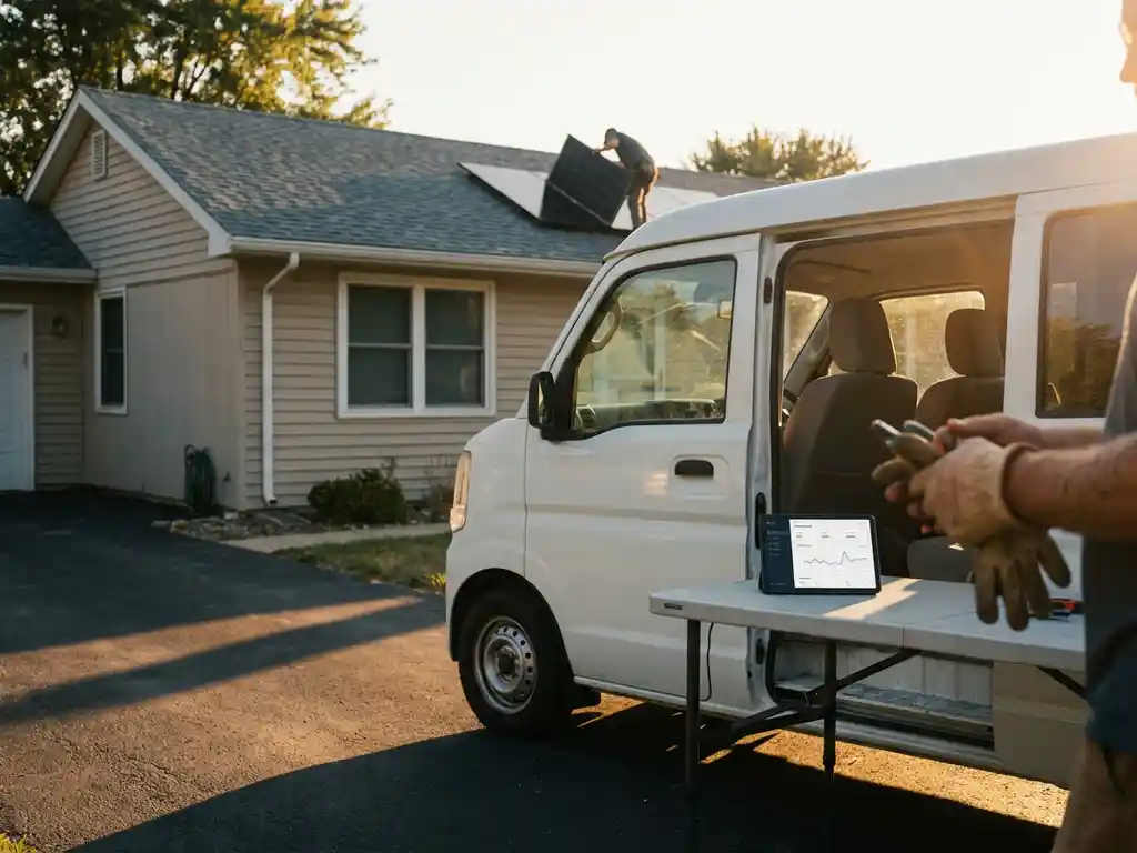 Solar installer mounting rooftop panels on a suburban home beside a van with a tablet dashboard open, bathed in warm afternoon light.