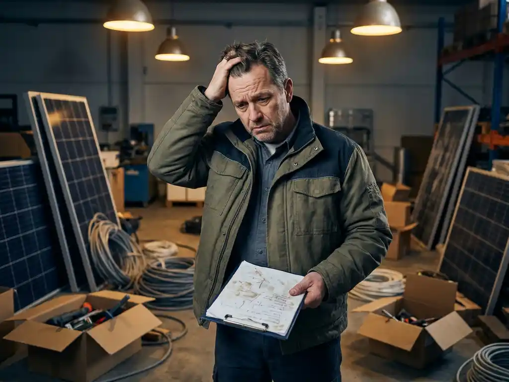 Frustrated supervisor holds clipboard amid scattered solar panels and tangled cables in cluttered warehouse with industrial lighting