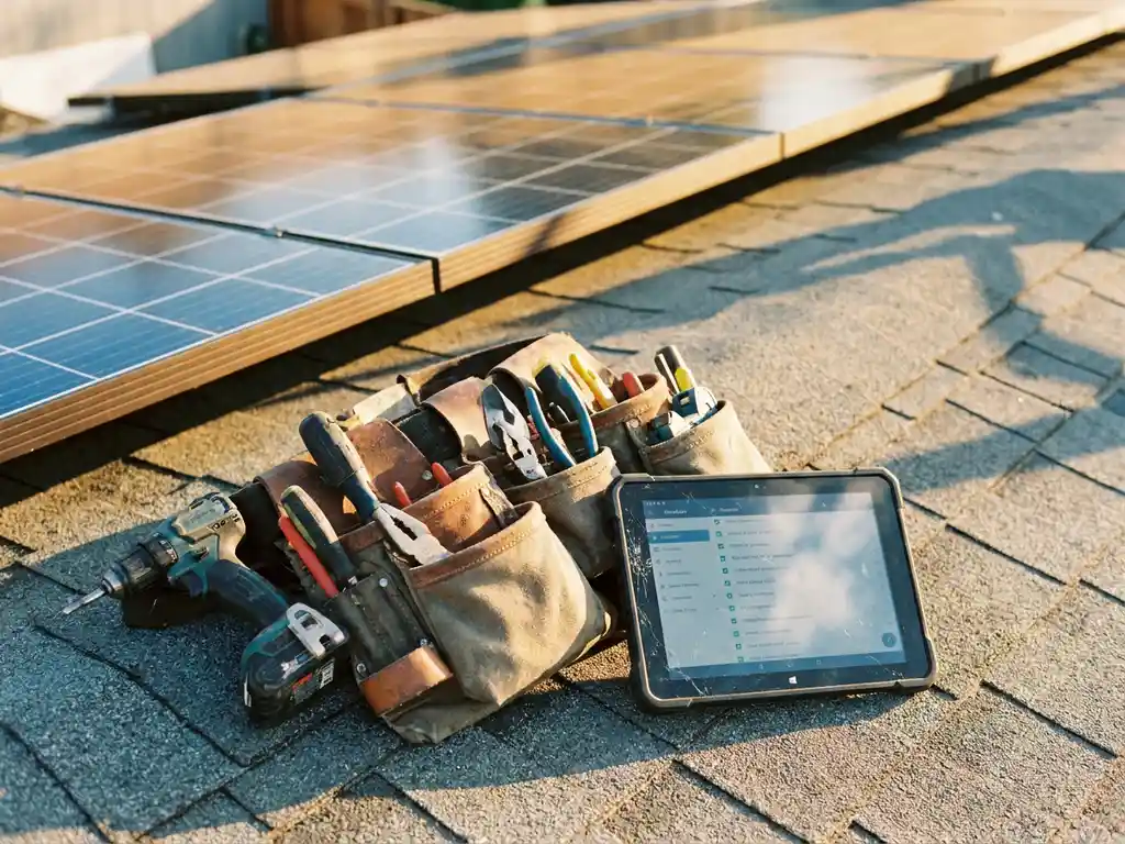 Solar installer's work belt and tablet with digital checklist resting on rooftop beside mounted solar panels in warm golden sunlight.