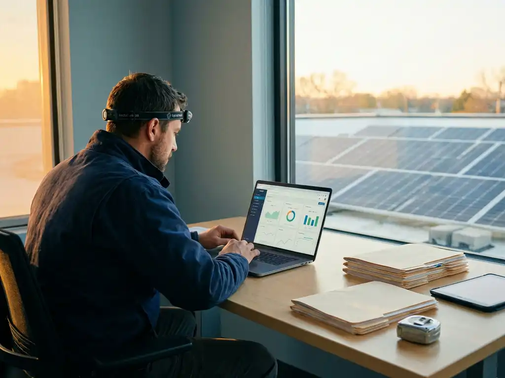 Installation technician reviewing solar project dashboard on laptop, with rooftop solar panel installation visible through window in morning light.