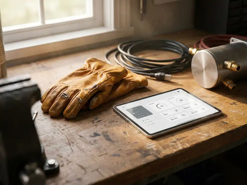 Worn leather work gloves beside a tablet dashboard, coiled cables and heat pump component on a sunlit workshop bench.