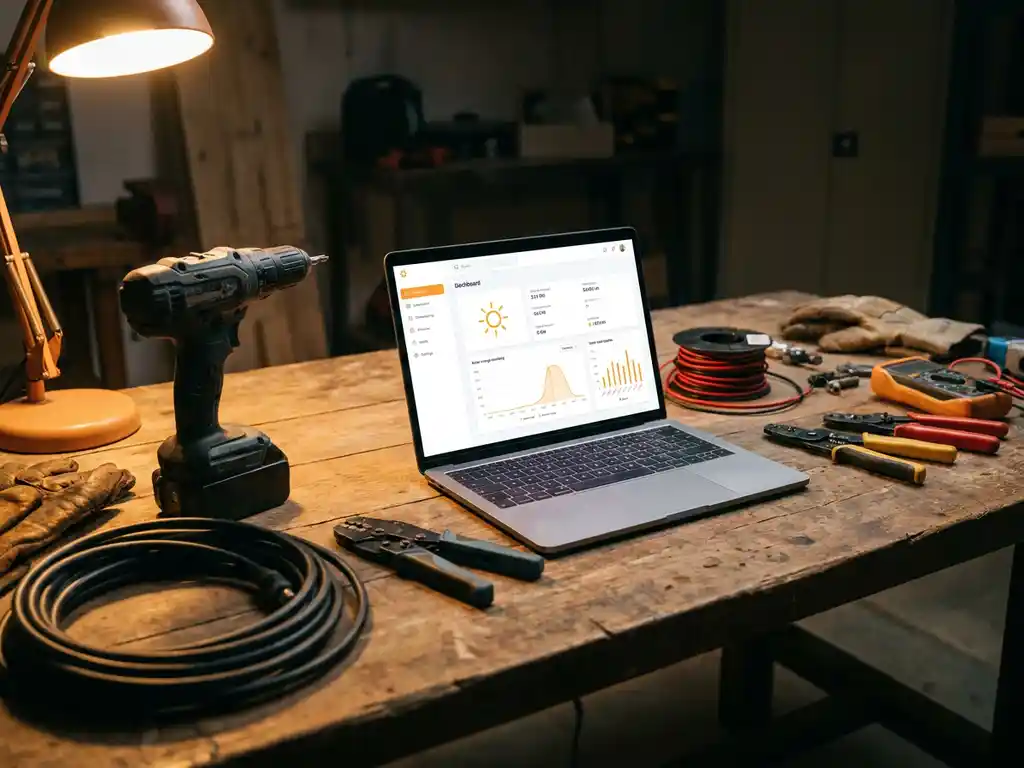 Weathered workbench with cordless drill, coiled cable, and solar panel tools beside an open laptop showing a dashboard interface.