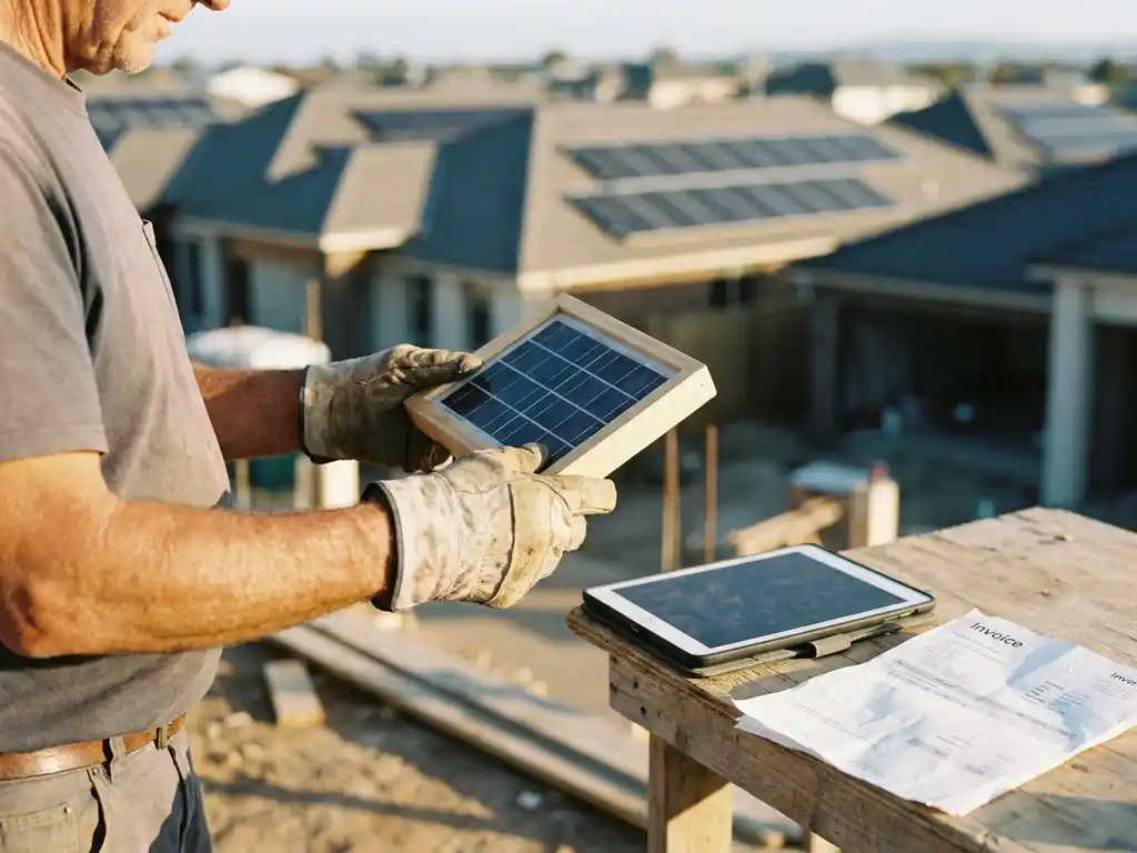 Solar installation company owner holding a small panel model at a job site with rooftop solar arrays, invoices, and tablet nearby at golden hour.