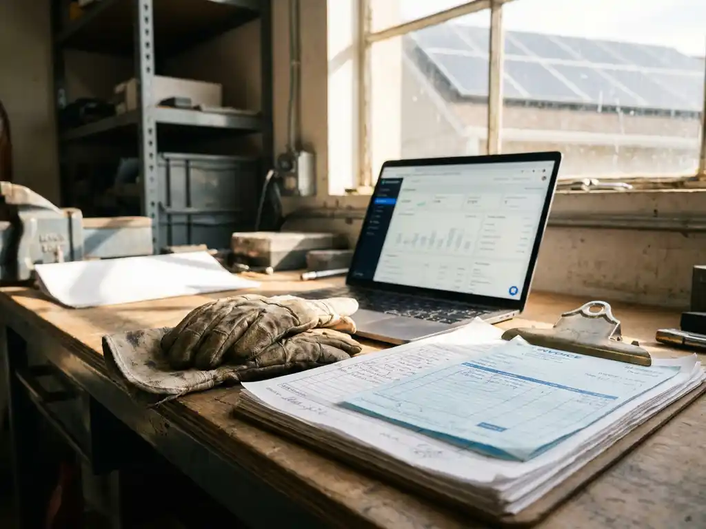 Grease-stained work gloves beside a clipboard of handwritten invoices, with a laptop dashboard open and solar panels visible through a sunlit workshop window.