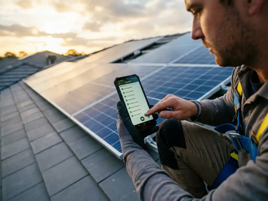 Solar installer crouching on a rooftop photographing a digital checklist on a smartphone, with completed solar panel rows stretching behind him.