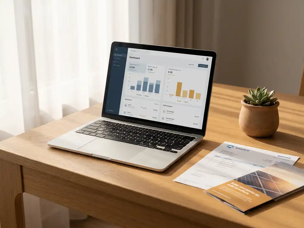 Laptop showing a clean dashboard on a white desk beside a printed invoice, solar panel brochure, and small succulent in soft natural light.