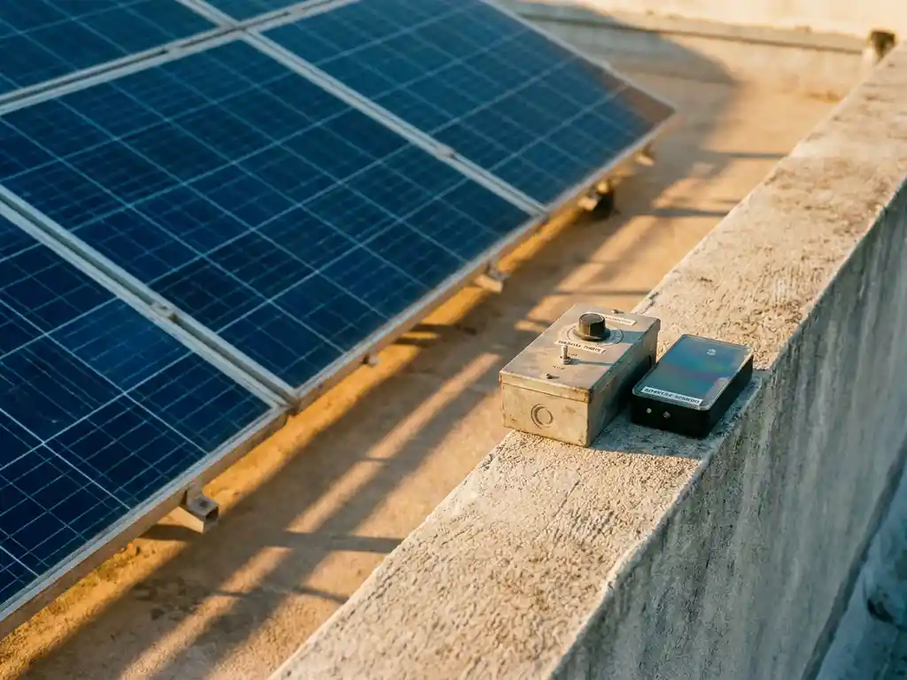 Rooftop solar panels beside a mechanical timer switch and modern sensor device, bathed in golden afternoon sunlight on warm concrete.
