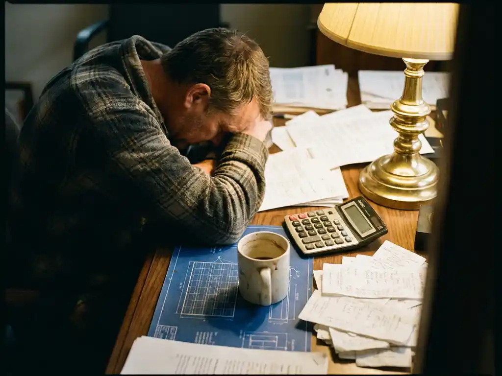 Small business owner reviewing solar panel installation costs at a cluttered desk with invoices, handwritten notes, and a calculator.
