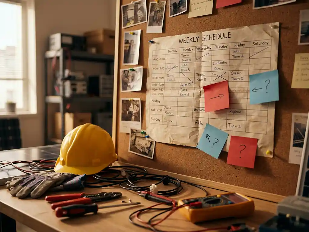 Worn paper weekly schedule on a corkboard with overlapping red and blue sticky notes marking crew conflicts, yellow hard hat and solar installation tools below.
