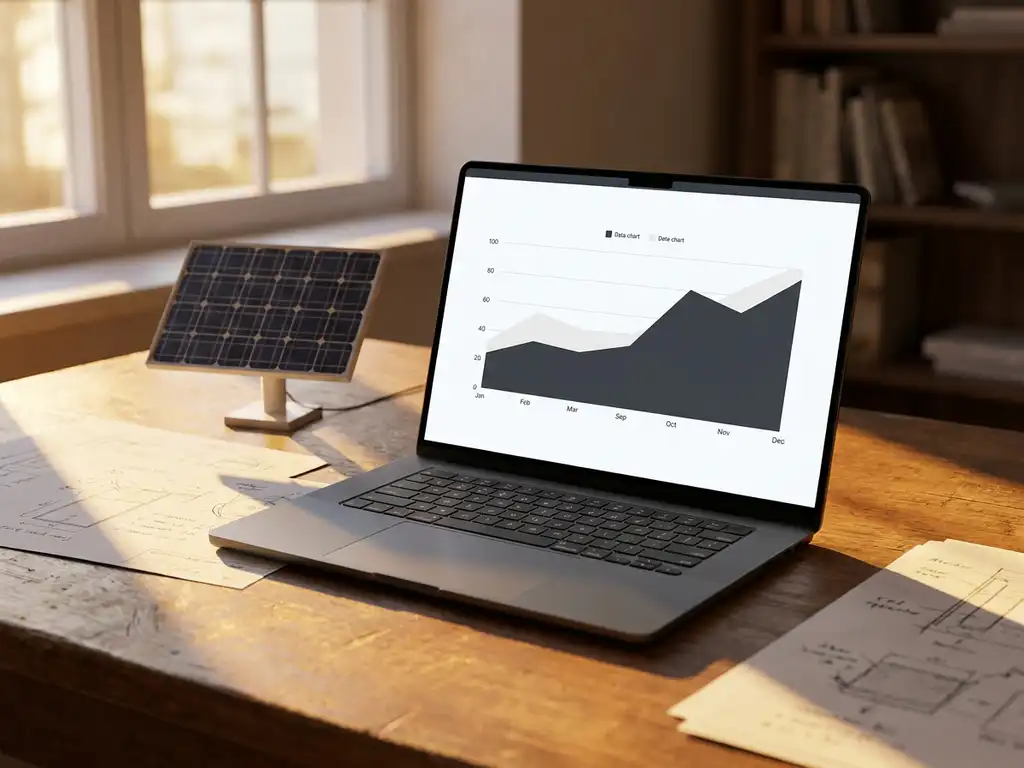 Laptop showing data charts beside a small solar panel model on a sunlit desk with scattered technical documents.