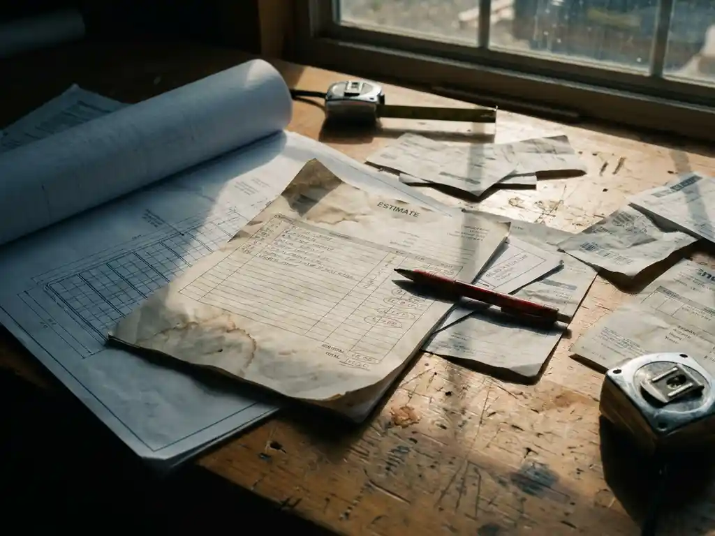 Crumpled job estimate sheet on a solar panel installation blueprint with a red pen marking cost figures, surrounded by invoices on a contractor's desk.