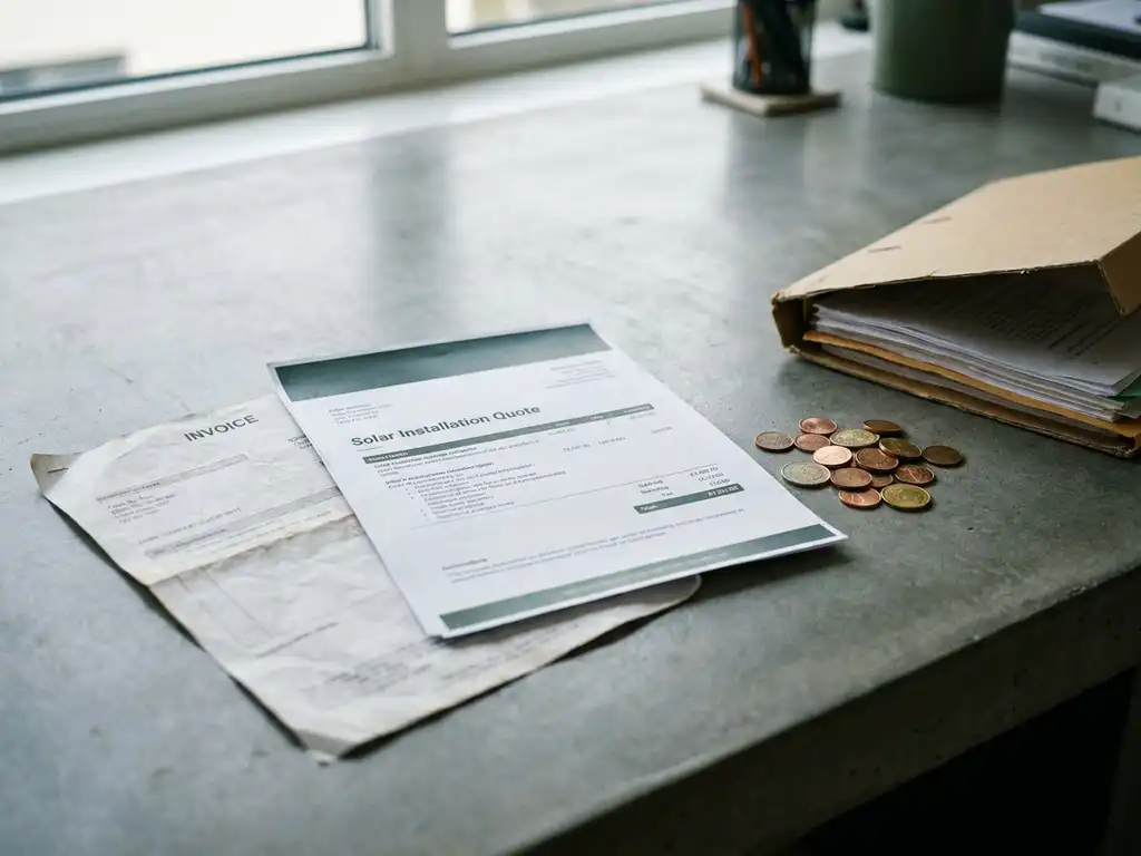 Euro coins beside solar panel installation quote and crumpled invoice on concrete desk, highlighting shrinking home energy renovation budget.