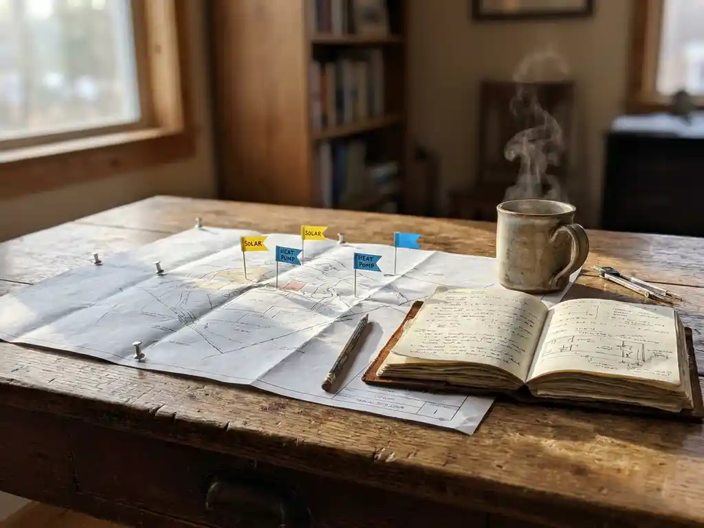 Verwitterter Holzschreibtisch mit einer flach angehefteten Standortkarte, die mit Solarmodul- und Wärmepumpen-Projekt-Tags versehen ist, neben einem offenen Ledernotizbuch und einer dampfenden Kaffeetasse.