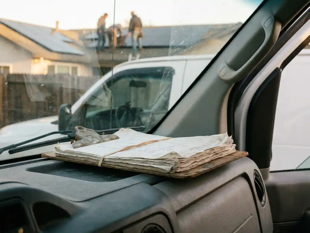 Weathered clipboard with project documents on a work van dashboard, solar panel installation visible through windshield in warm afternoon light.