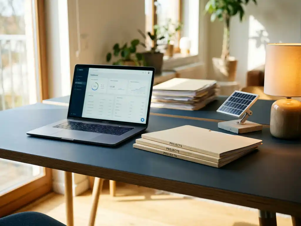 Modern desk with open laptop dashboard, thinning solar installation project folders, and small solar panel model in warm natural light.