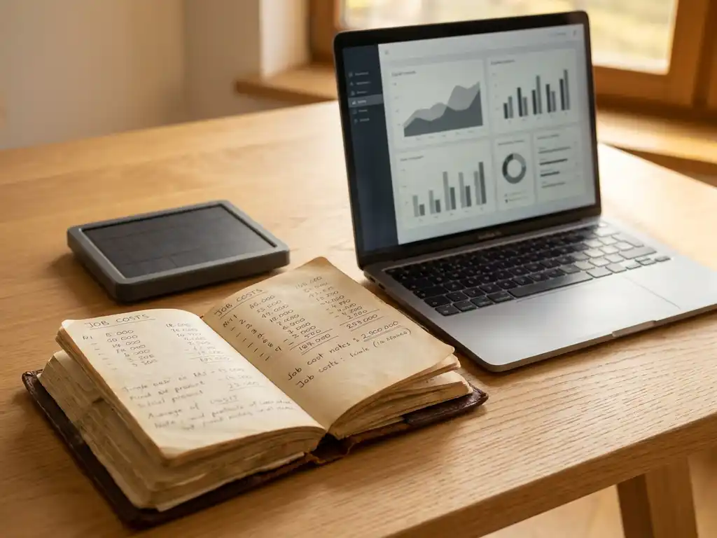Abgenutztes Ledernotizbuch mit handgeschriebenen Auftragskostenzahlen neben einem Laptop mit Dashboard-Diagrammen und einem kleinen Solarpanel-Modell auf einem Eichenschreibtisch.