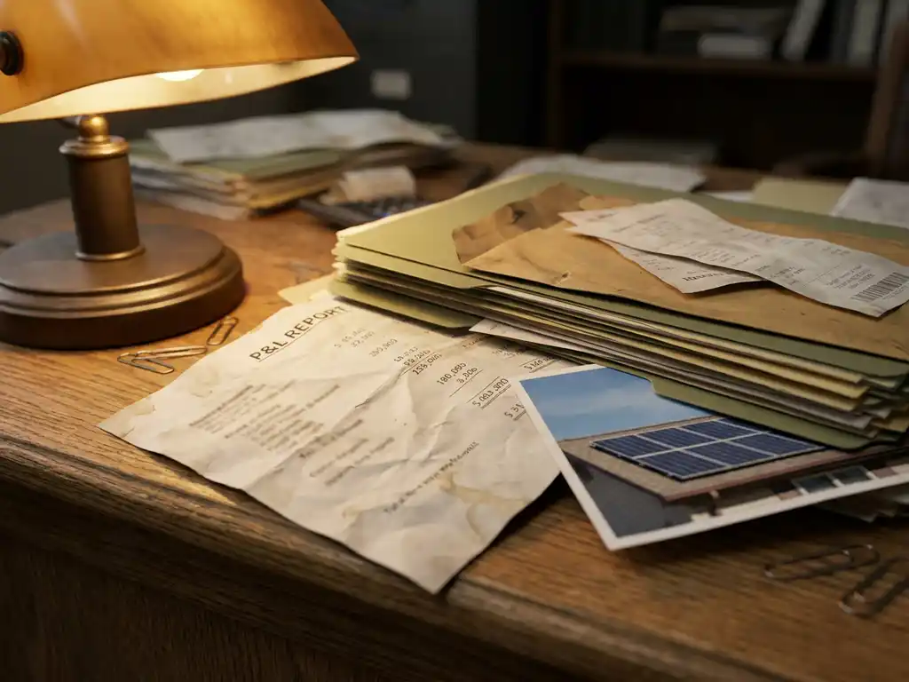 Crumpled profit-and-loss report buried under disorganized folders and receipts on a worn oak desk, with a solar panel photo peeking out in warm amber lamplight.