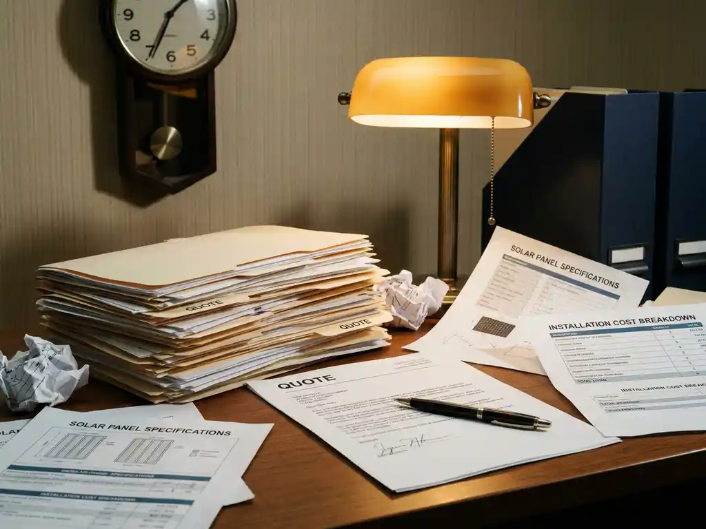 Cluttered desk overflowing with unfinished solar panel quote documents, pen mid-signature beside installation cost breakdowns, wall clock casting shadow above.