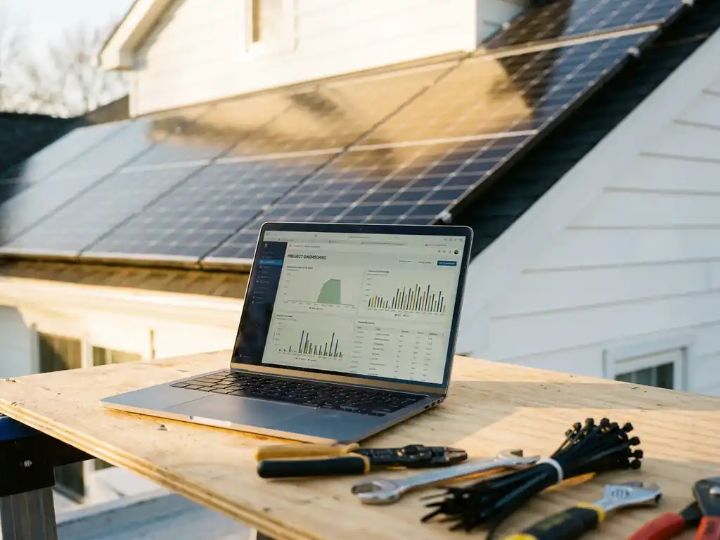 Solar panel array on a sunlit residential rooftop with a laptop showing project dashboards and installation tools on a nearby workbench.